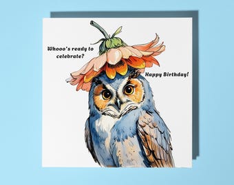 Handmade Cute owl with a upside-down flower - Happy Birthday Card Funny Animal Card Animal Lovers Premium Greeting Card & Envelope