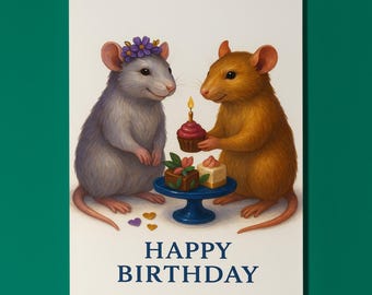 Rats Collection - Two Happy Rats - Candle Cake & Kindness - Happy Birthday Card - Funny Animal Premium Greeting Card Envelope - Personalised