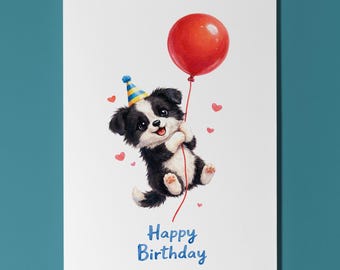 Dog Breeds Collection Border Collie Balloon Flight Happy Birthday Card Funny Animal Premium Greeting Card Envelope Personalised card puppy
