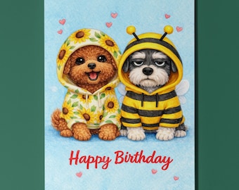 Biglietto d'auguri personalizzato per il compleanno di un cane barboncino o schnauzer, felpa con cappuccio ape e girasole, regalo per amanti dei cani