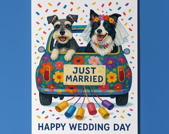 Dog Breeds Collection - Schnauzer & Collie Dogs Happy Wedding Day Card - Funny Animal - Premium Greeting Card Envelope - Personalised card