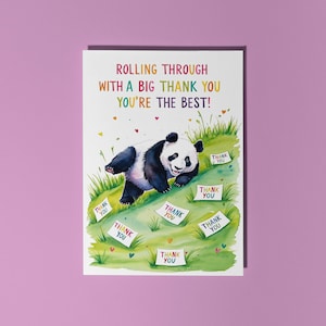 Handgemaakte grappige panda die de heuvel af rolt, jij bent de beste! Bedankt! Kaart Funny Animal Card Animal Lovers Premium wenskaart en envelop