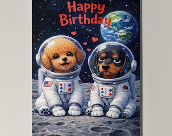Poodle and Dachshund Personalised Birthday Card, Funny Space Dog Card