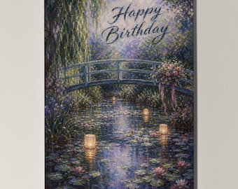 Monet Inspired Water Lily Pond Personalised Birthday Card, Impressionist Garden Bridge Card