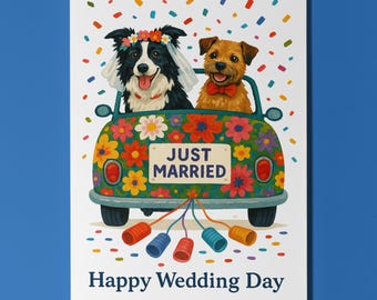 Dog Breeds Collection - Border Collie and Terrier Happy Wedding Day Card - Funny Animal - Premium Greeting Card Envelope - Personalised card