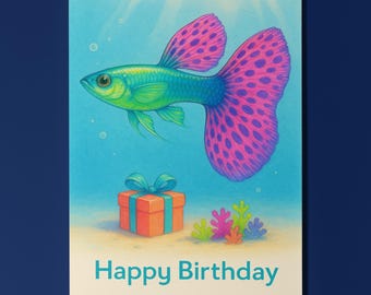 Rainbow Fish Parade Collection - Guppy Tropical fish - Happy Birthday Card -  Premium Greeting Card & Envelope - Personalised card - Friend