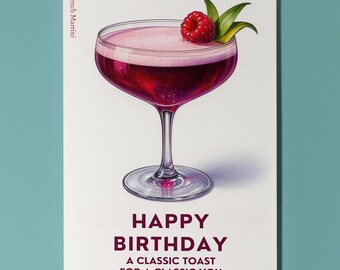 Cocktail Wishes Collection - French Martini Cocktail - Happy Birthday Card - Premium Greeting Card and Envelope - Personalised card - Friend