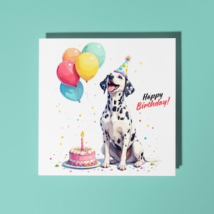 Dalmata allegro fatto a mano seduto con un cappello da festa - Biglietto di auguri di buon compleanno Biglietto di auguri di animali divertenti Biglietto di auguri premium per amanti degli animali Busta