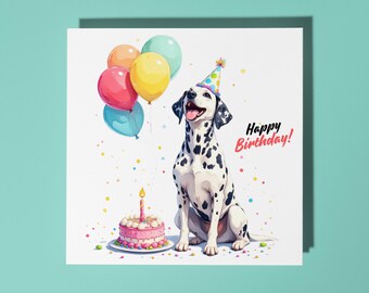 Handmade Cheerful Dalmatian sits wearing a party hat -  Happy Birthday Card Funny Animal Card Animal Lovers Premium Greeting Card Envelope