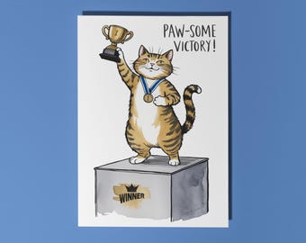 Handmade Hero Cat with a reward Paw-some Victory Achievement Card Funny Animal Card Animal Lovers Premium Greeting Card Envelope