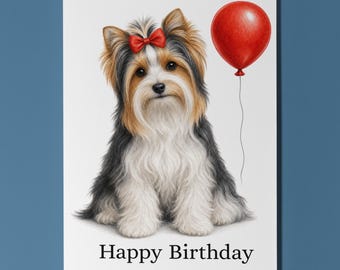 Biewer Terrier Birthday Card, Cute Dog Greeting Card, Personalised Red Bow Balloon