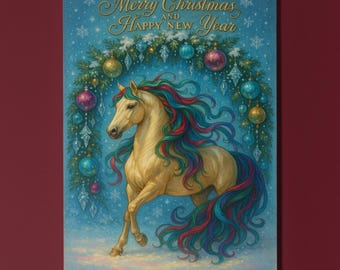 New Year Horse Under Arch - Merry Christmas and Happy New Year Card -  Premium Greeting Card and Envelope Personalised card