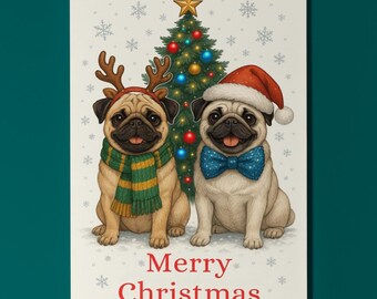 Pug Dogs Duo - Merry Christmas Card - Funny Dogs - Premium Greeting Card & Envelope - Personalised card - Friend Family Members
