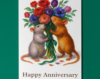 Rats Collection - Roses for You - Happy Anniversary Card - Funny Animal - Premium Greeting Card and Envelope - Personalised - Couples