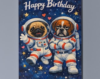 Pug Boxer Personalised Birthday Card, Funny Space Astronaut Dog Card, Gouache Gift