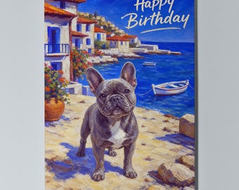 French Bulldog Personalised Birthday Card, Coastal Frenchie Dog Card