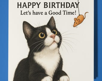 Cat playing! - Happy Birthday Card - Premium Greeting Card  Envelope - Personalised funny card - Family friend Son Daughter