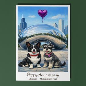 Puede incluir: Una tarjeta de felicitación con dos perros frente a la escultura Cloud Gate en el Millennium Park de Chicago. Un globo morado en forma de corazón flota arriba. El texto dice "Happy Anniversary" y "Chicago - Millennium Park."