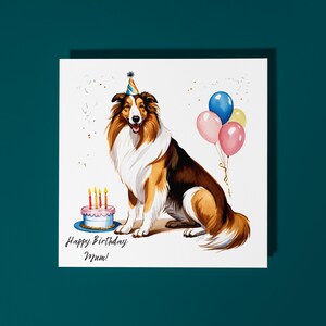 Raça de cachorro Collie fofa feita à mão com bolo Cartão de feliz aniversário para mãe Cartão engraçado de animal Amantes de animais Cartão de felicitações premium e envelope