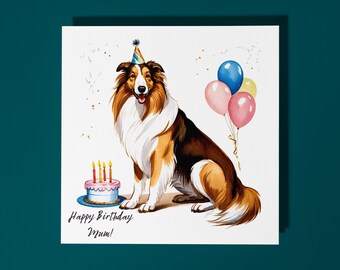 Handmade Cute Collie Dog breed with Cake Happy Birthday Mum Card Funny Animal Card Animal Lovers Premium Greeting Card & Envelope