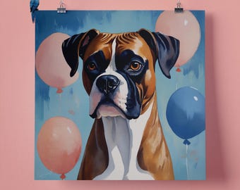 Elegant Boxer Dog Pink Balloons Pet Portrait Wall Art Print, Perfect Gift for Pet Lovers, 295mm x 295mm, 300GSM Matte Paper, Unframed