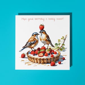 Handgemachte Niedliche Vögel und Erdbeer-Törtchen beere süß! Happy Birthday Karte Lustig Tier Karte Tierliebhaber Premium Grußkarte & Umschlag