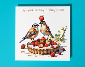 Handmade Cute birds and strawberry tart berry sweet! Happy Birthday Card Funny Animal Card Animal Lovers Premium Greeting Card & Envelope