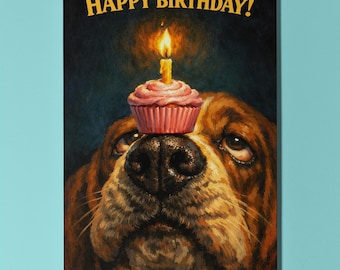 Basset Hound Personalised Birthday Card, Funny Cupcake Nose Dog Gift