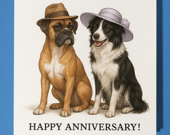 Boxer and Border Collie - Happy Anniversary Card  Funny Animal - Premium Greeting Card & Envelope - Personalised Dog card - Husband Wife