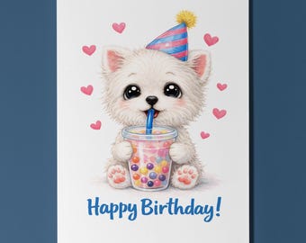 Biglietto d'auguri con cane West Highland White Terrier e bubble tea, regalo carino e personalizzato per gli amanti dei cani