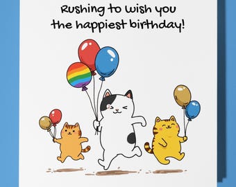 Tiny Scenes Collections - Cats - Rushing to wish you - Happy Birthday Card - Premium Greeting Card & Envelope - Personalised card - Friend