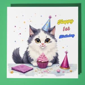 Cat Happy 1st  Birthday Card - Funny Animal - Premium Greeting Card & Envelope - Personalised Cat card -grandson granddaughter daughter son