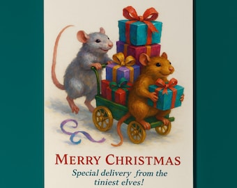 Two rats - Special delivery from the tiniest elves! Merry Christmas Card - Funny animals - Premium Greeting Card and Envelope - Personalised