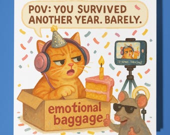 Streamer Cat - Happy Birthday Card - Funny Animal  Premium Greeting Card Envelope Personalised Cat card - sister daughter friend brother Dad