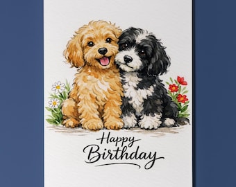 Cockapoo Pair Birthday Card, Gouache Dog Duo, Personalised Greeting
