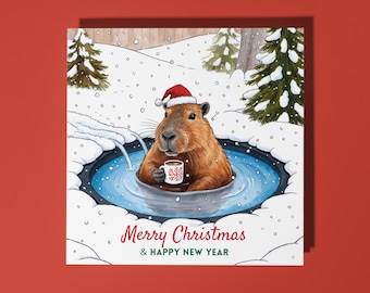 Handmade Santa Capybara with a Mug Merry Christmas & Happy New Year Card  Premium Greeting Card White Envelope Merry Christmas and New Year