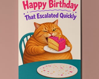 Orange Cat Personalised Birthday Card, Funny Cake Chaos Greedy Cat Gift