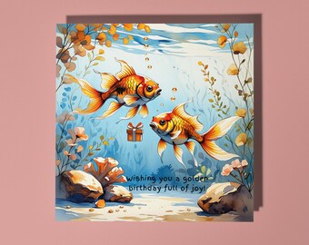 Handmade Two goldfish with a gift Wishing a golden birthday full of joy Happy Birthday Card Animal Lovers Premium Greeting Card & Envelope