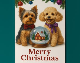 Yorkshire Terrier and Poodle Dogs - Snow Globe Merry Christmas Card - Funny Dog Breeds Premium Greeting Card Envelope Personalised - Family