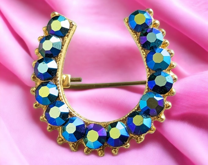 Lovely Vintage Jewellery Aurora borealis Rhinestone horseshoe Brooch