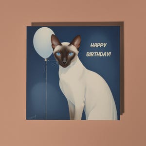 Handgefertigte elegante, elegante Siamkatze mit blauem Ballon Happy Birthday Karte Lustige Tierkarte Tierliebhaber Premium Grußkarte Umschlag