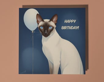 Handmade Sleek and graceful Siamese cat with blue balloon Happy Birthday Card Funny Animal Card Animal Lovers Premium Greeting Card Envelope