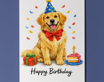 Golden Retriever Dog Happy Birthday Card - Funny Animal - Premium Greeting Card & Envelope Personalised card - Dog Breeds - Friends Family