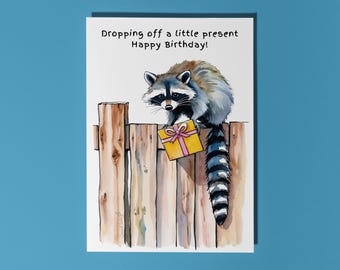 Handmade Cute raccoon Dropping off a little present! Happy Birthday! Card Funny animals Card Premium Greeting Card and Envelope
