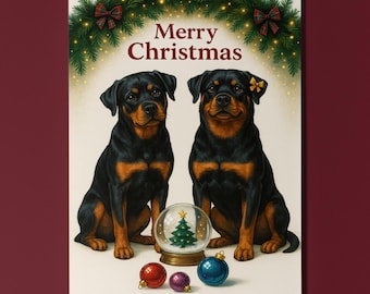 Rottweiler Dogs Duo - Cozy Nose and Snow Globe - Merry Christmas Card - Funny Dogs - Dog Breeds  Premium Greeting Card Envelope Personalised