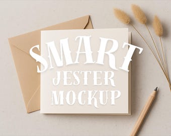 Minimal Card and Envelope Mockup, Neutral Greeting Card, Blank Square Card, Mock Up for Etsy, eBay, Shopify and Social Media, PSD Format