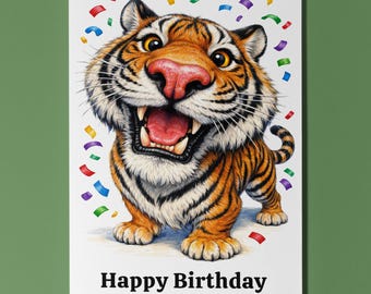 Wild Cats Party Smiley Tiger and Confetti Happy Birthday Card Premium quality Funny Greeting Card Envelope Personalised Friends Family