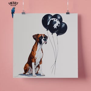 Elegante stampa artistica da parete raffigurante un cane Boxer con palloncini neri, regalo perfetto per gli amanti degli animali, 295 mm x 295 mm, carta opaca da 300 g/m², senza cornice