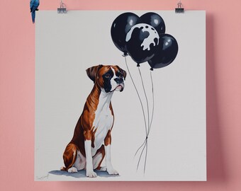 Elegant Boxer Dog Black Balloons Pet Portrait Wall Art Print, Perfect Gift for Pet Lovers, 295mm x 295mm, 300GSM Matte Paper, Unframed