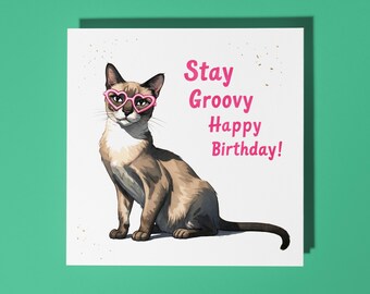 Handmade Siamese cat with heart-shaped glasses Happy Birthday Card Funny Animal Card Animal Lovers Premium Greeting Card & Envelope
